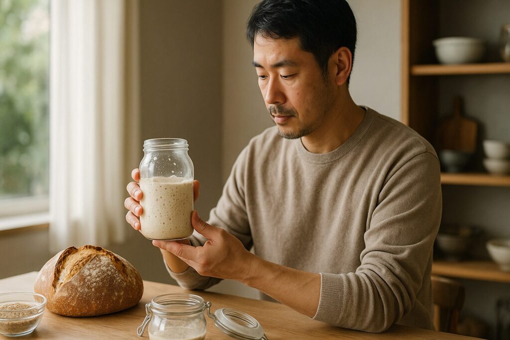 発酵種とパンを並べた写真。発酵種の瓶と焼き立ての丸パンが木のテーブルに置かれ、パンづくりの基本をイメージさせる構図。