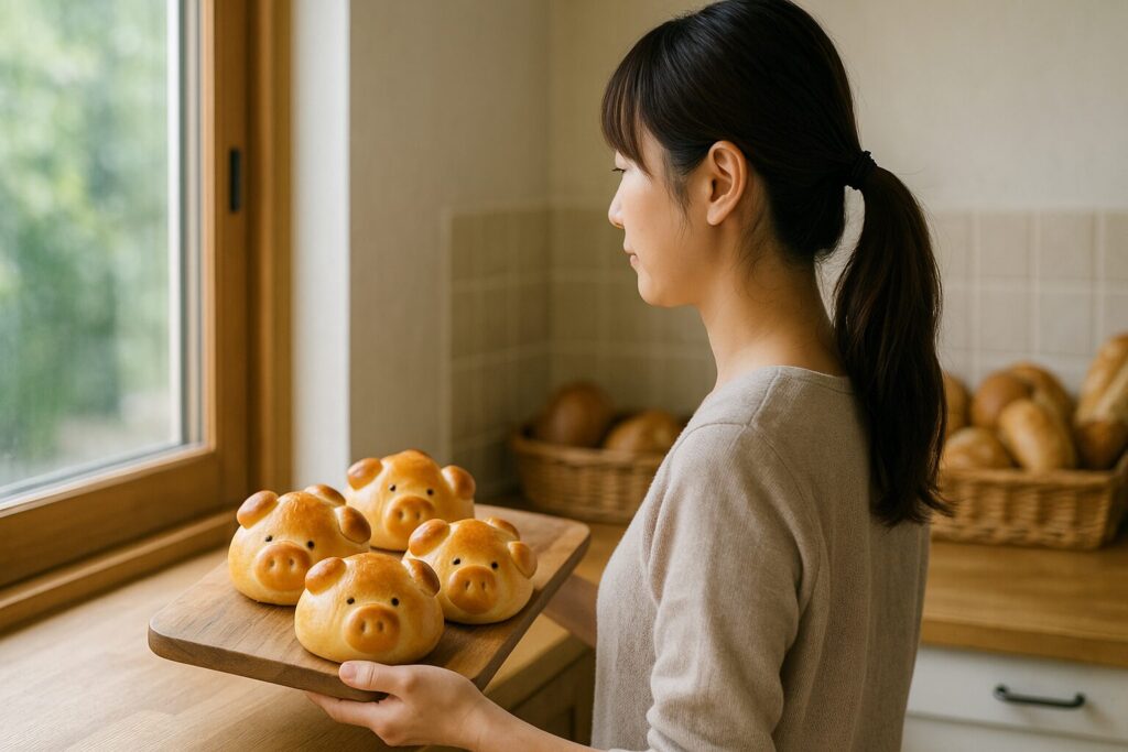 家庭で作るぶたパンの基本レシピ:焼き上がったぶたの顔型パン