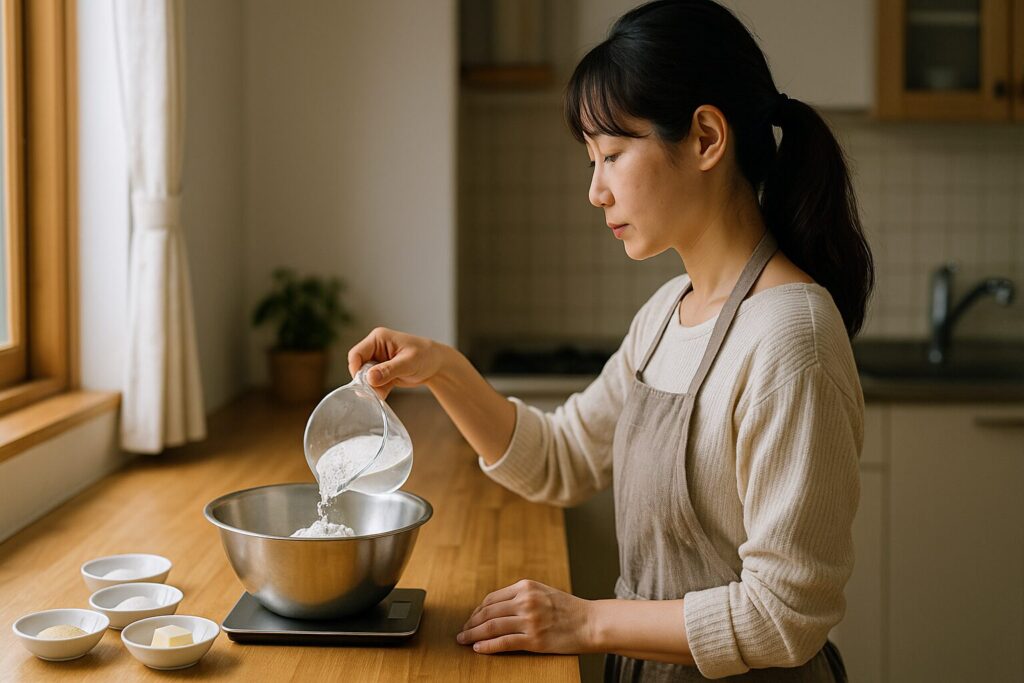ベーカーズ パーセント計量中の日本人女性
