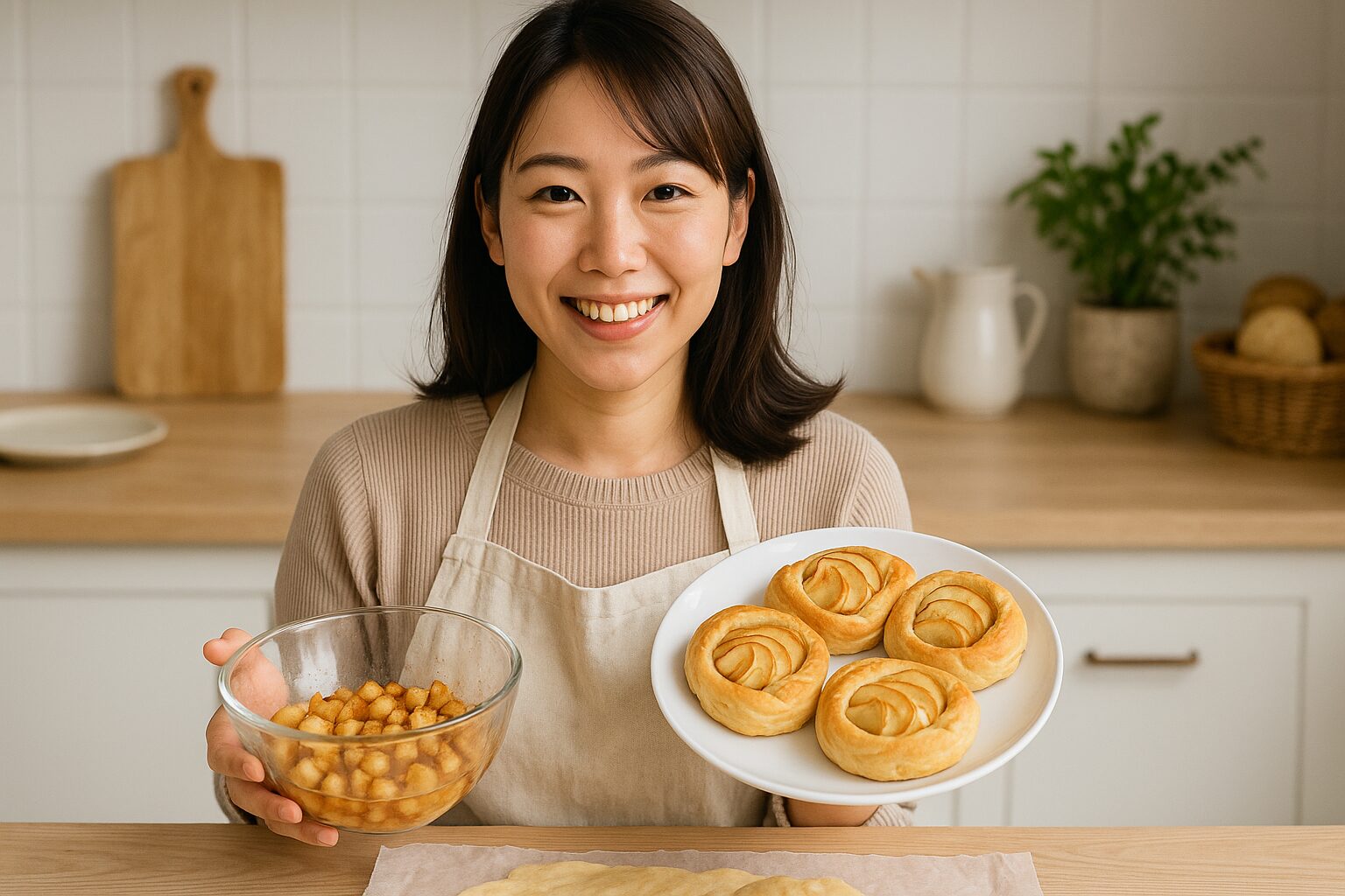 笑顔でりんごのパンを見せている女性