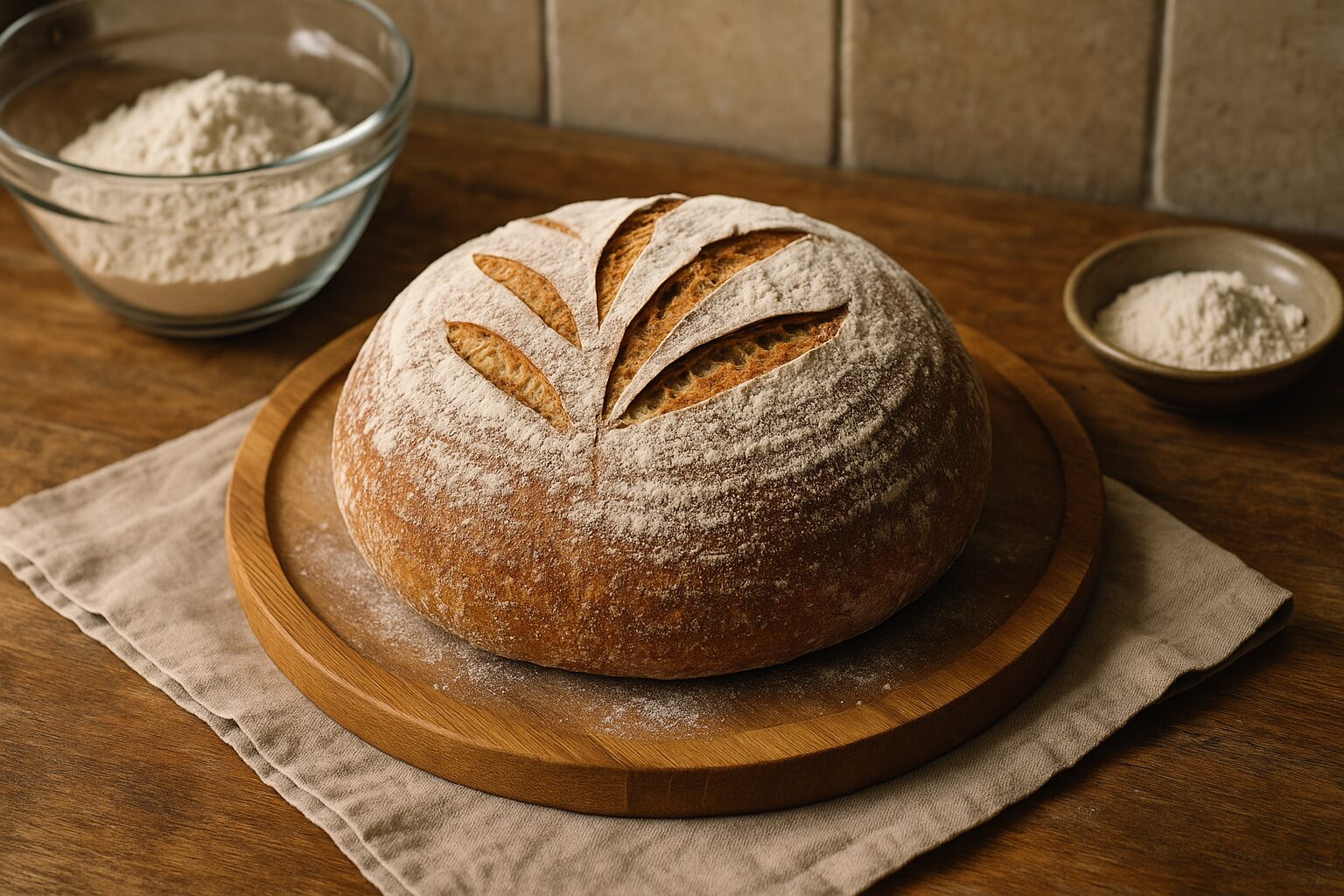 カンパーニュレシピ用の丸い粉付きパン