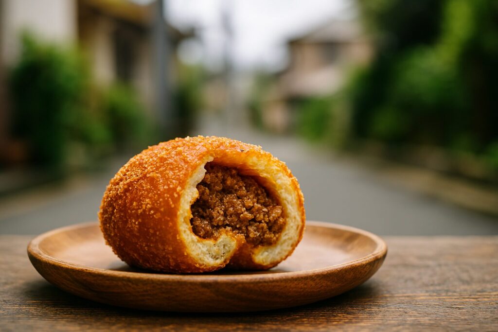 揚げたてのキーマカレーパンを割る