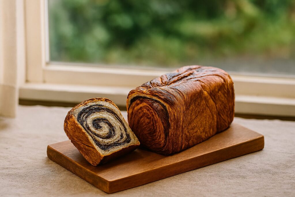 チョコレートシートを折り込んだマーブル模様の食パン