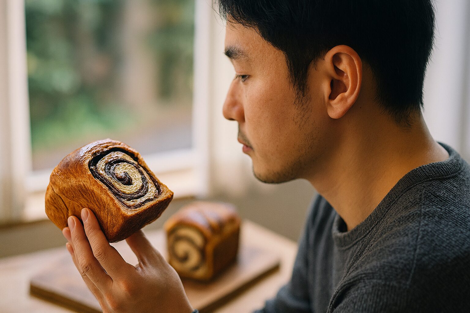 チョコレートシートパンを手にする日本人男性