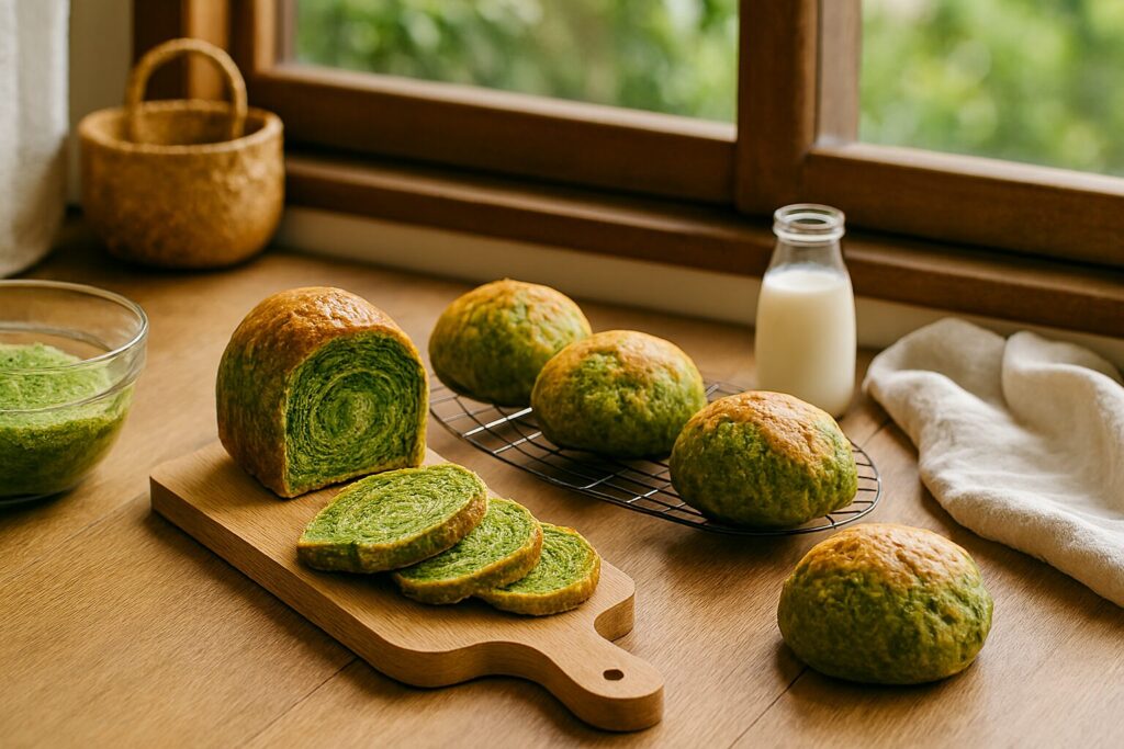 手ごねで作る基本の抹茶パン工程を説明する構図