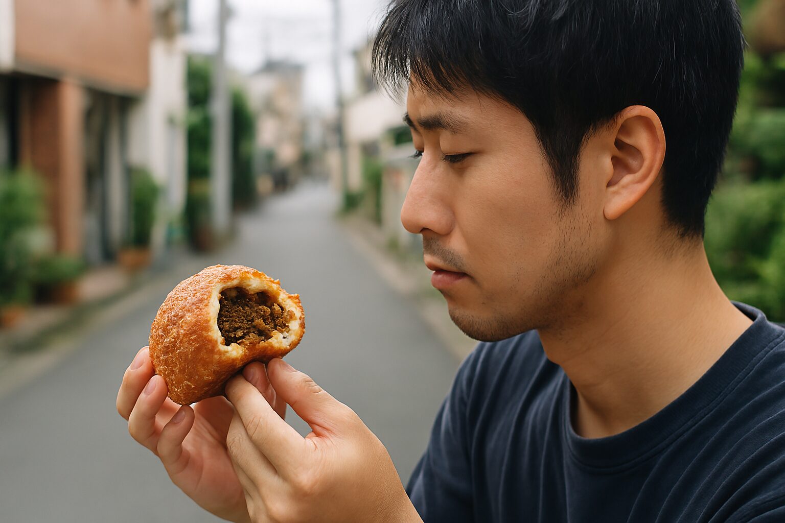 キーマカレーパンを見つめる男性