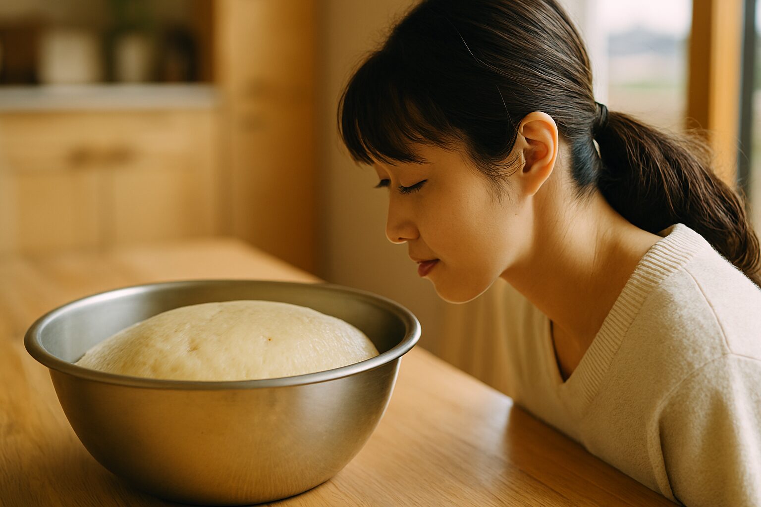生地発酵を見守る日本人女性