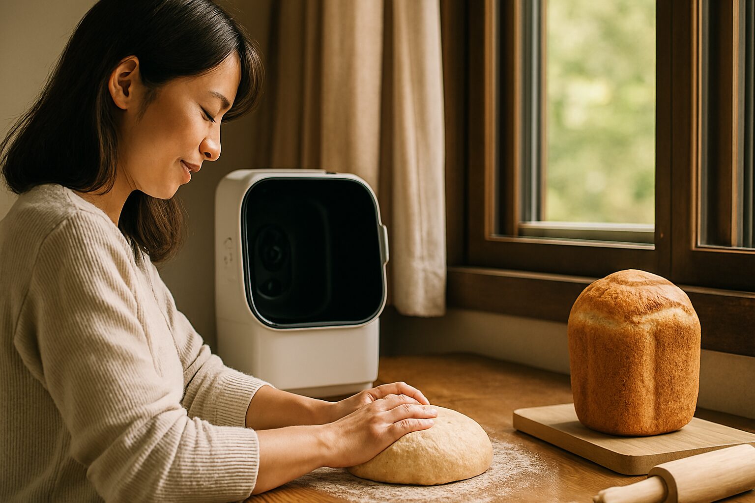 パンこね機代用で手ごねする女性