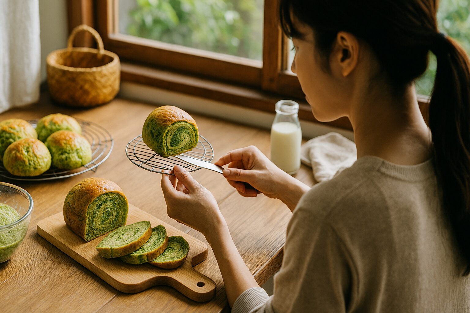 抹茶パンレシピを作る日本人女性