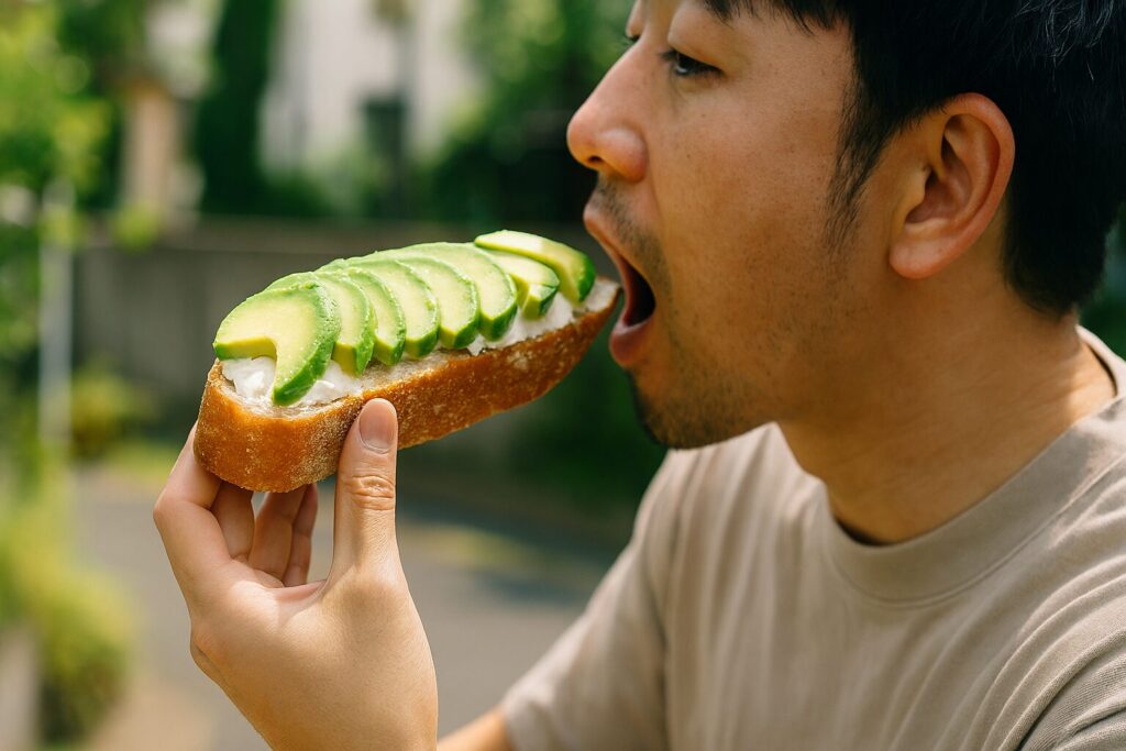 アボカドとクリームチーズをのせたバケットを木の皿に並べた盛り付け例