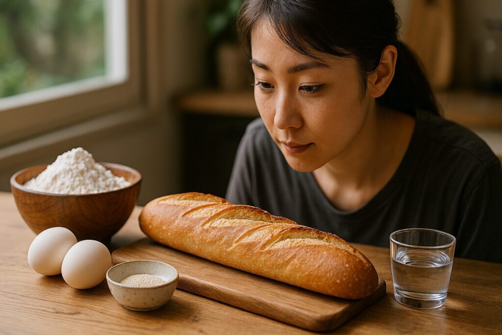 フランスパンの材料を並べた小麦粉・塩・水・イースト