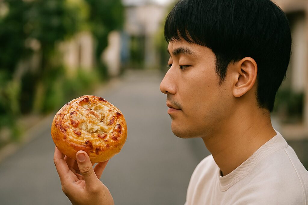 木のテーブルの焼き立てオニオンベーコンパン