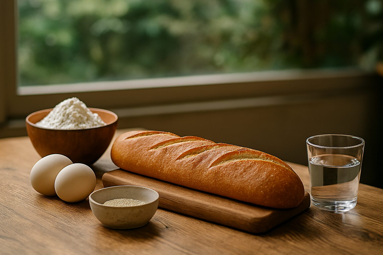フランスパンの材料を木の台に配置