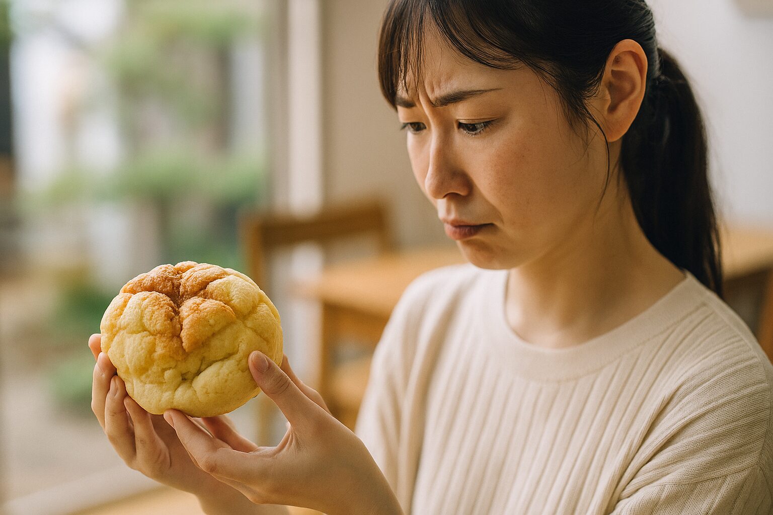 メロンパン失敗例に戸惑う女性