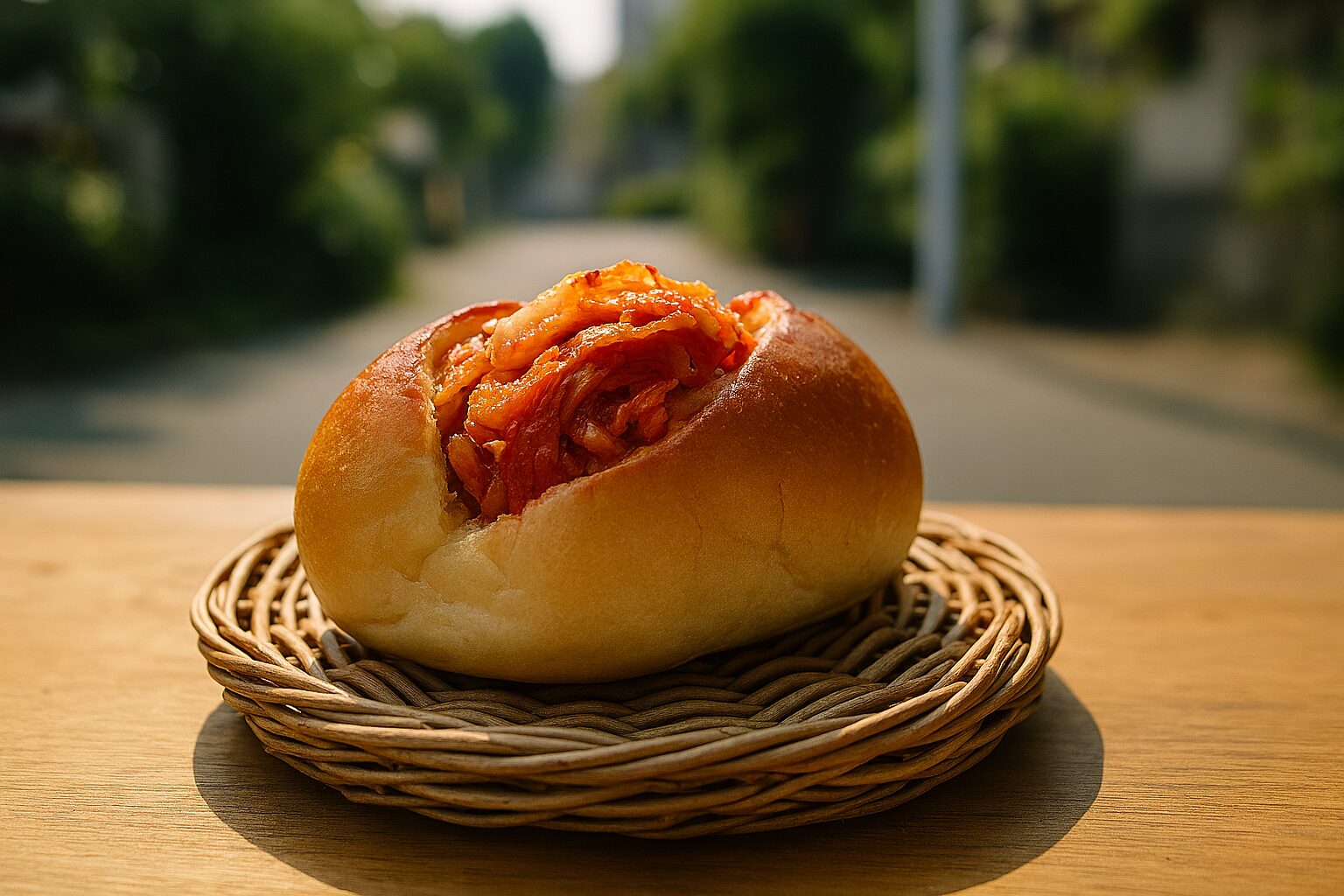 焼きたてキムチパンと木製テーブル