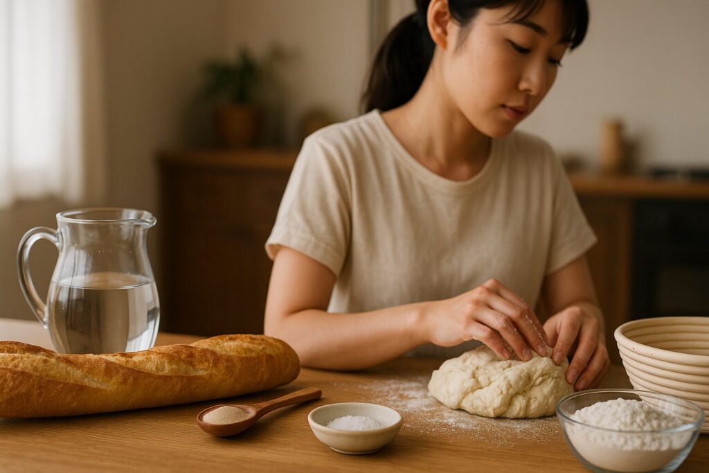 フランスパン材料を選ぶ女性と粉や塩のイメージ