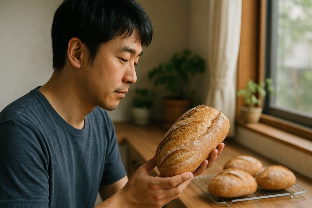 家庭で作るハード系パンの焼き上がり。外はカリッと中はもちっとした食感が魅力のフランスパン風バゲット