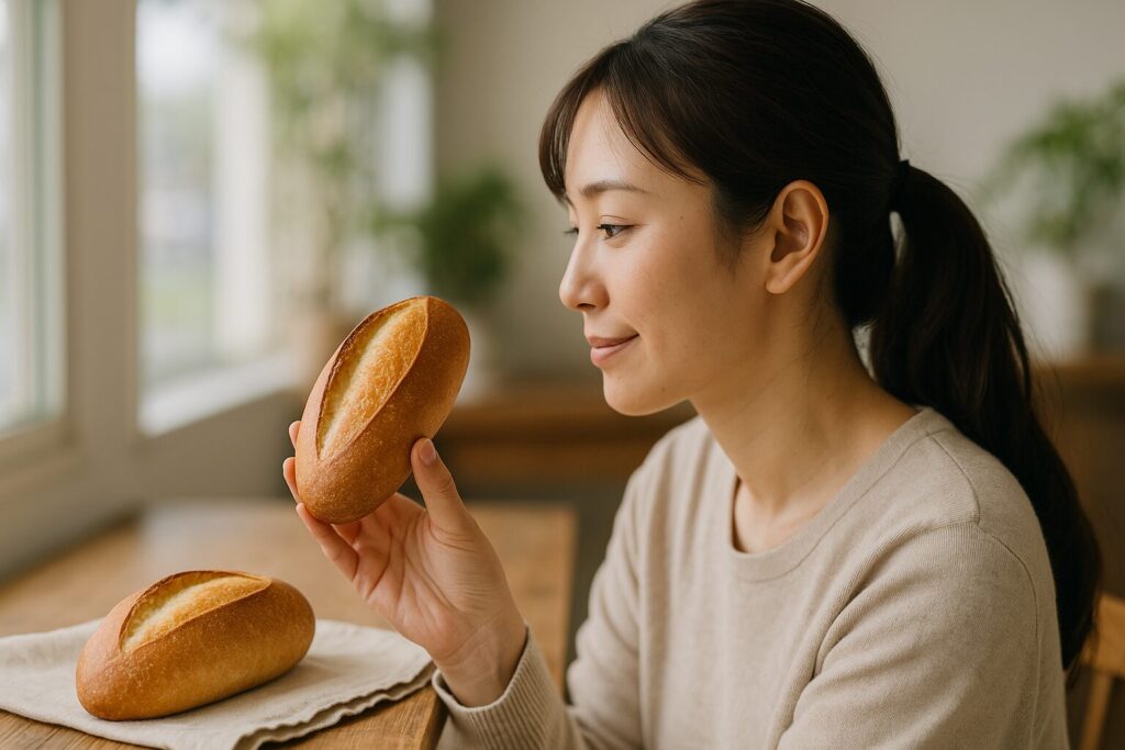 クッペパンを手にする日本人女性と焼きたてのパン