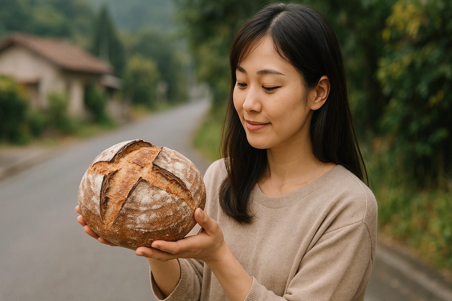 田舎パンを見つめる日本人女性