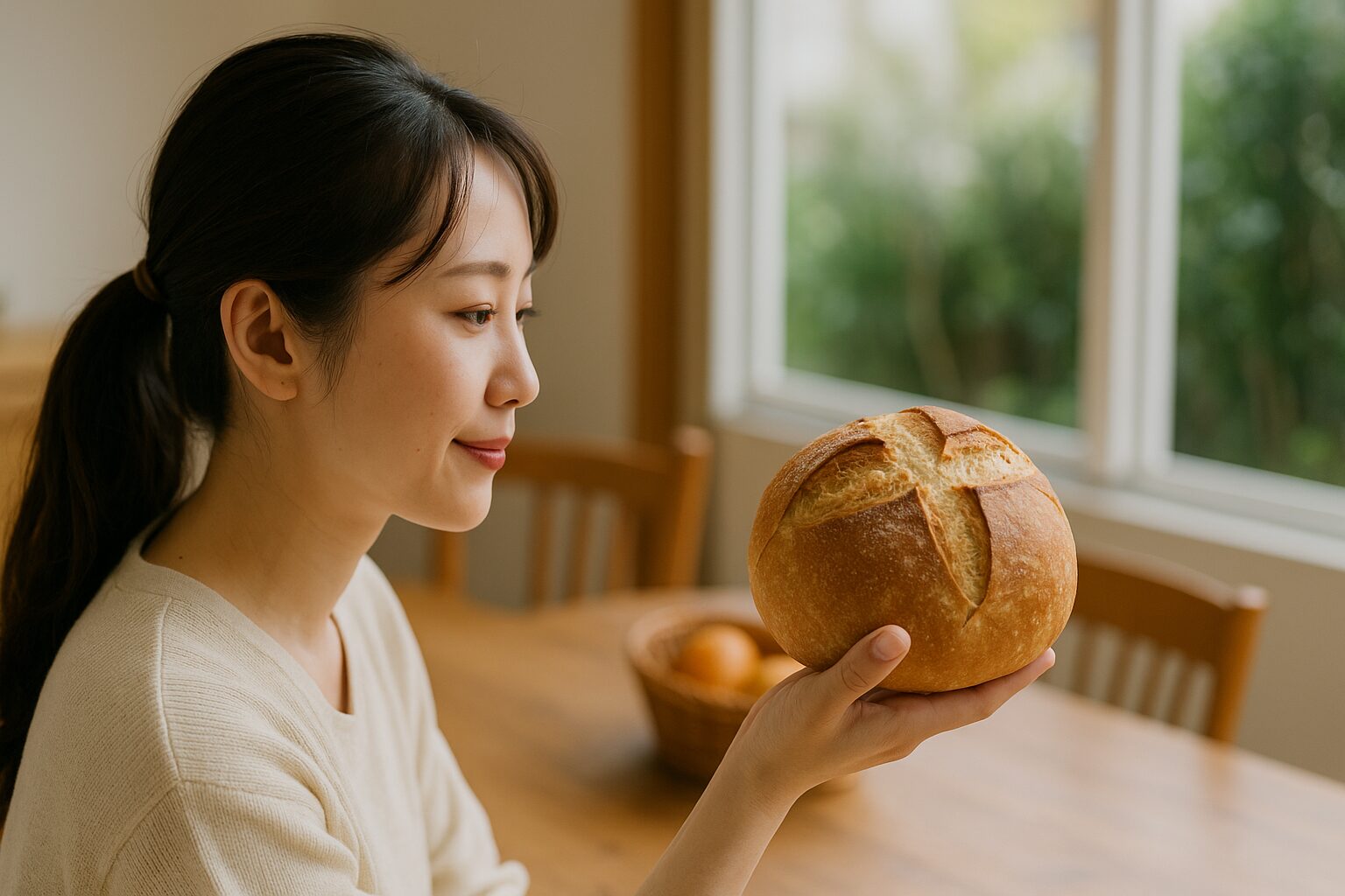 日本人女性がパン ブールを手に微笑む家庭の風景