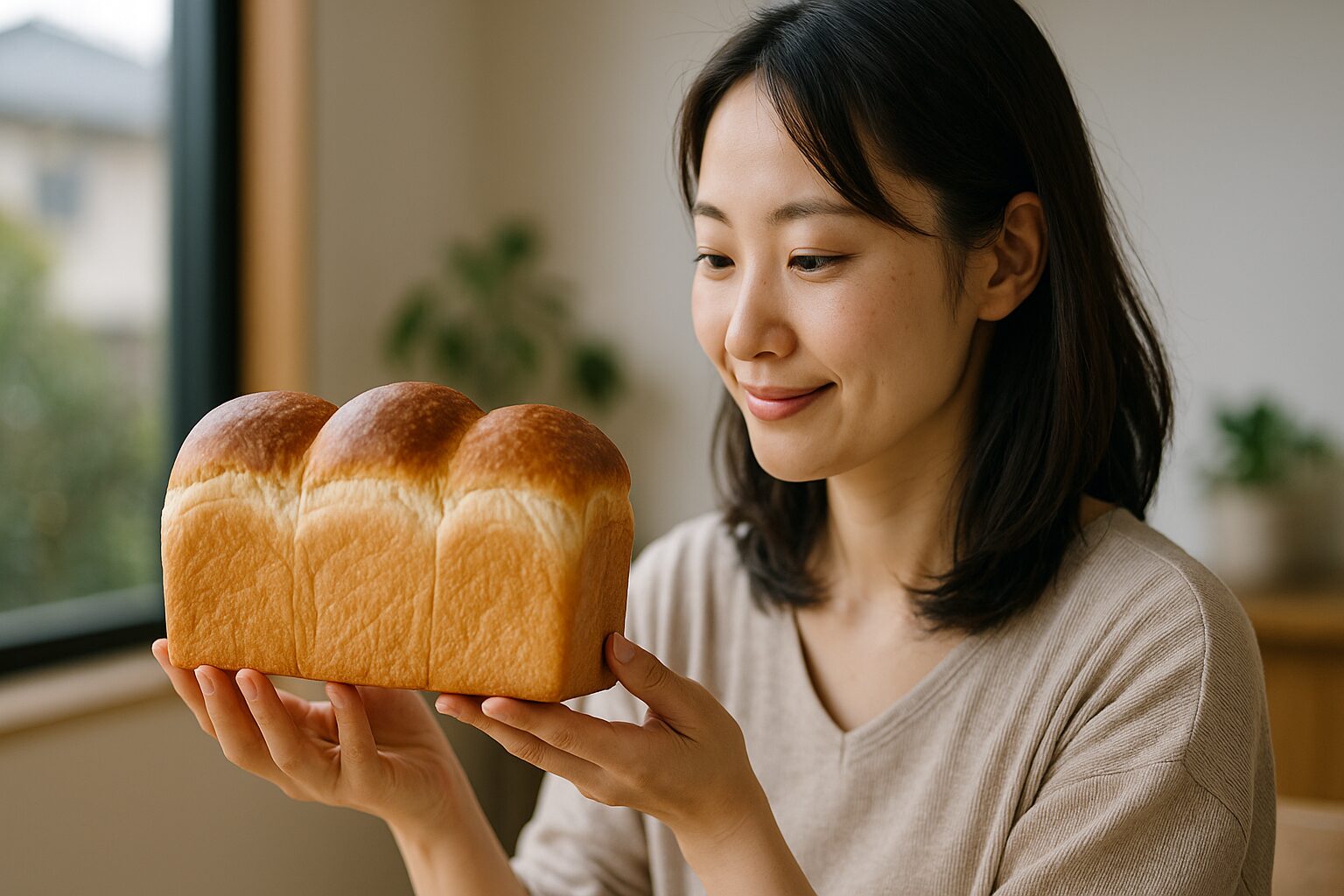 山食パンを手に笑顔の日本人女性