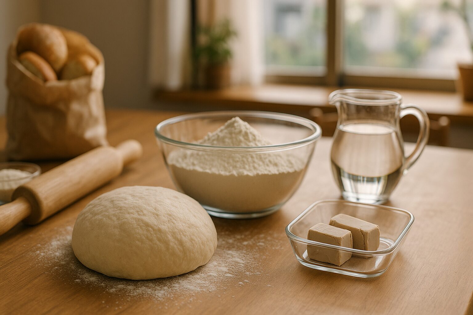 パンの作り方初心者向けの基本材料が並ぶテーブル