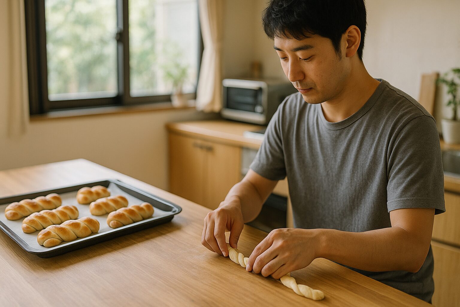 ねじりパンレシピ、男性が生地をねじる
