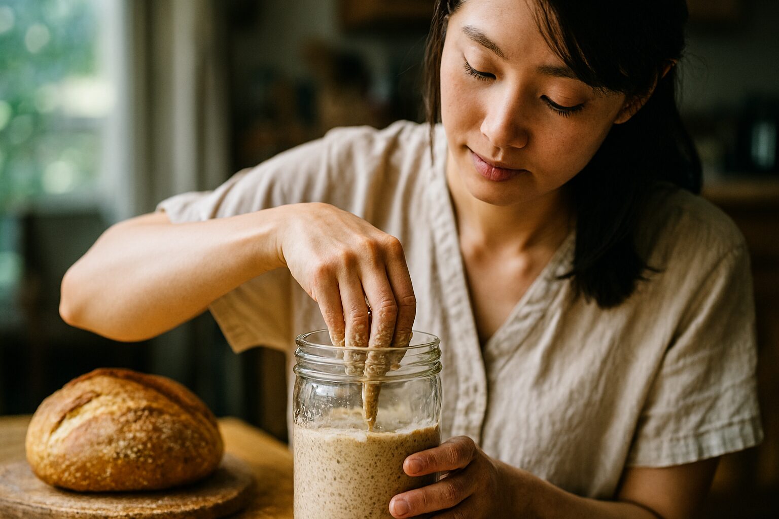 発酵種作り方を見守る日本人女性