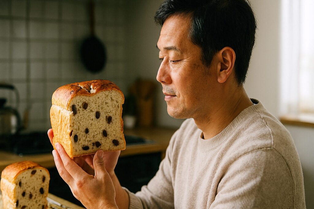 焼きたてのレーズン食パンを食卓に並べた朝の風景