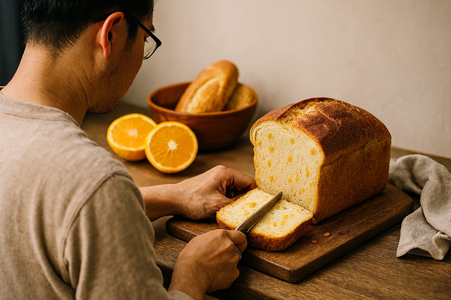 週末の朝、パン屋でオレンジピールパンを選ぶ男性