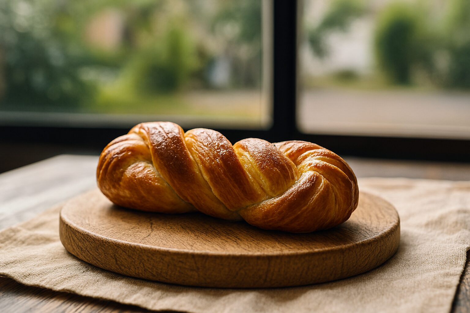 焼き立てツイストパンが木の台に置かれる