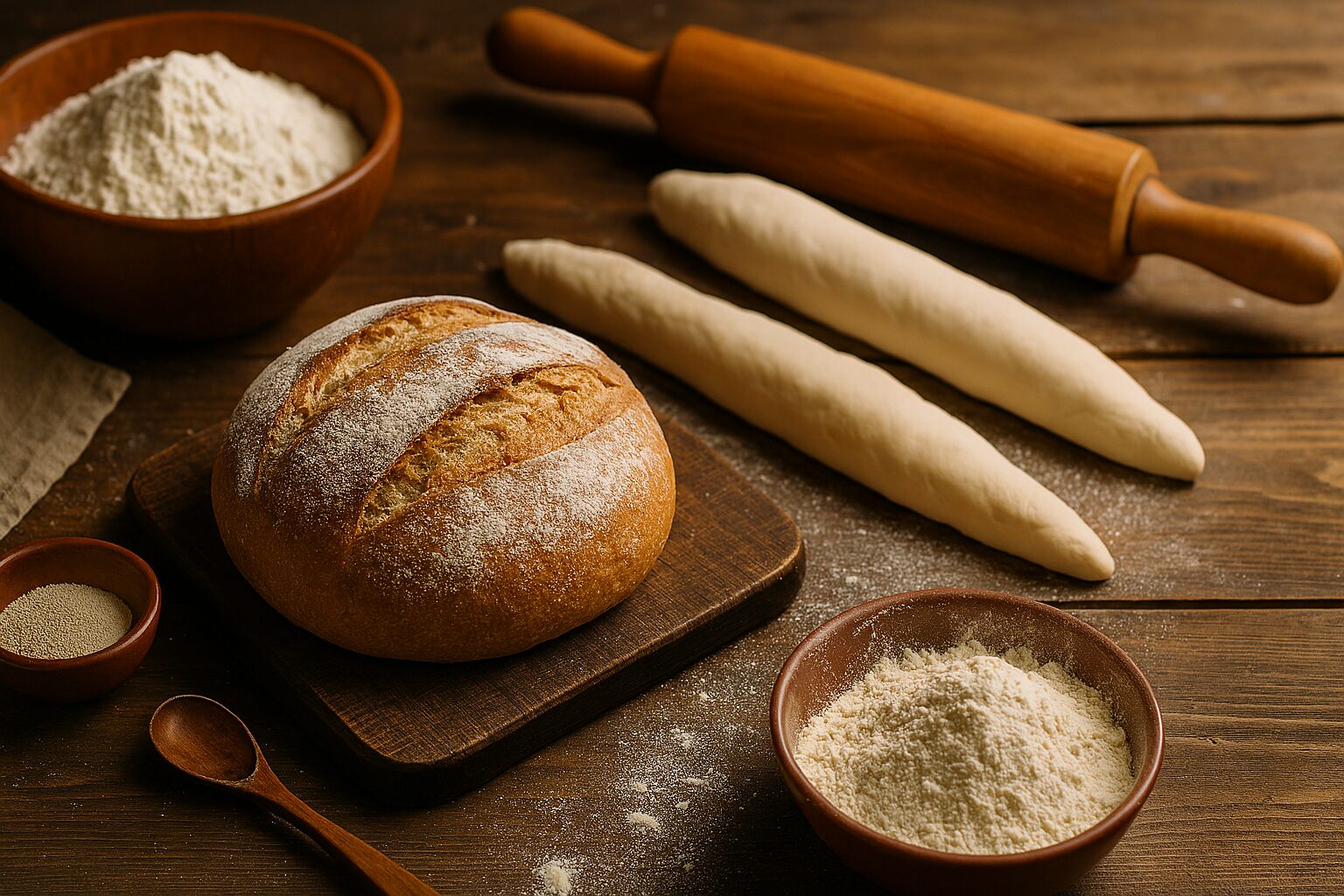 パン作り初心者が学ぶ基本の道具と材料を並べたテーブル