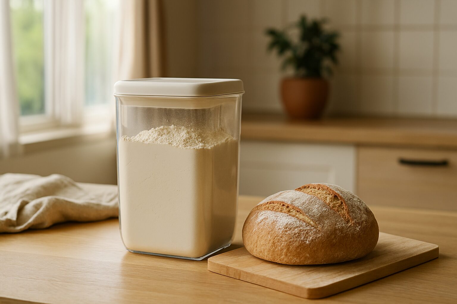 強力粉保存方法を示す瓶とパン