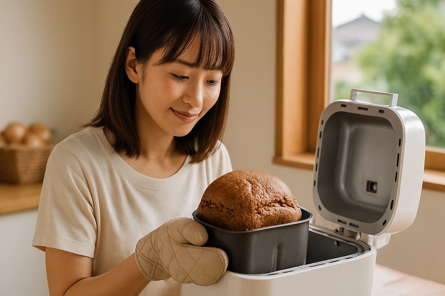 黒糖パンをホームベーカリーで取り出す日本人女性
