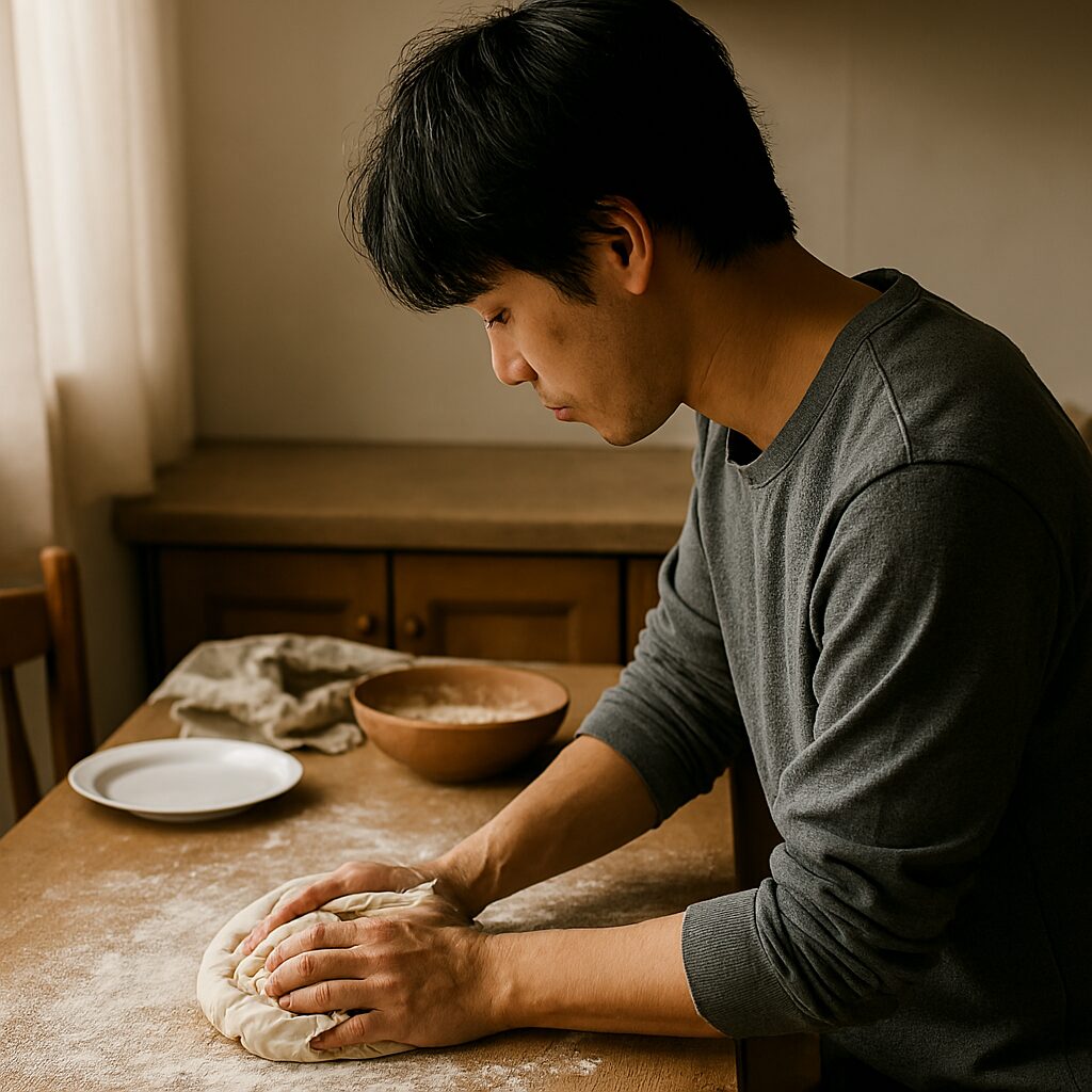 パン作り初心者が学ぶ基本の道具と材料を並べたテーブル