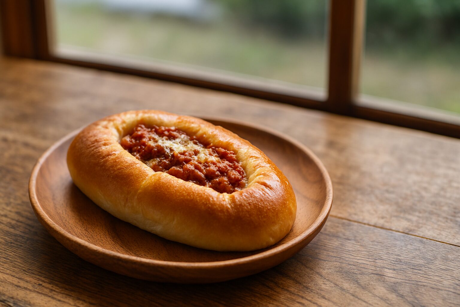 ミートソースパンが木皿に置かれ自然光に照らされている