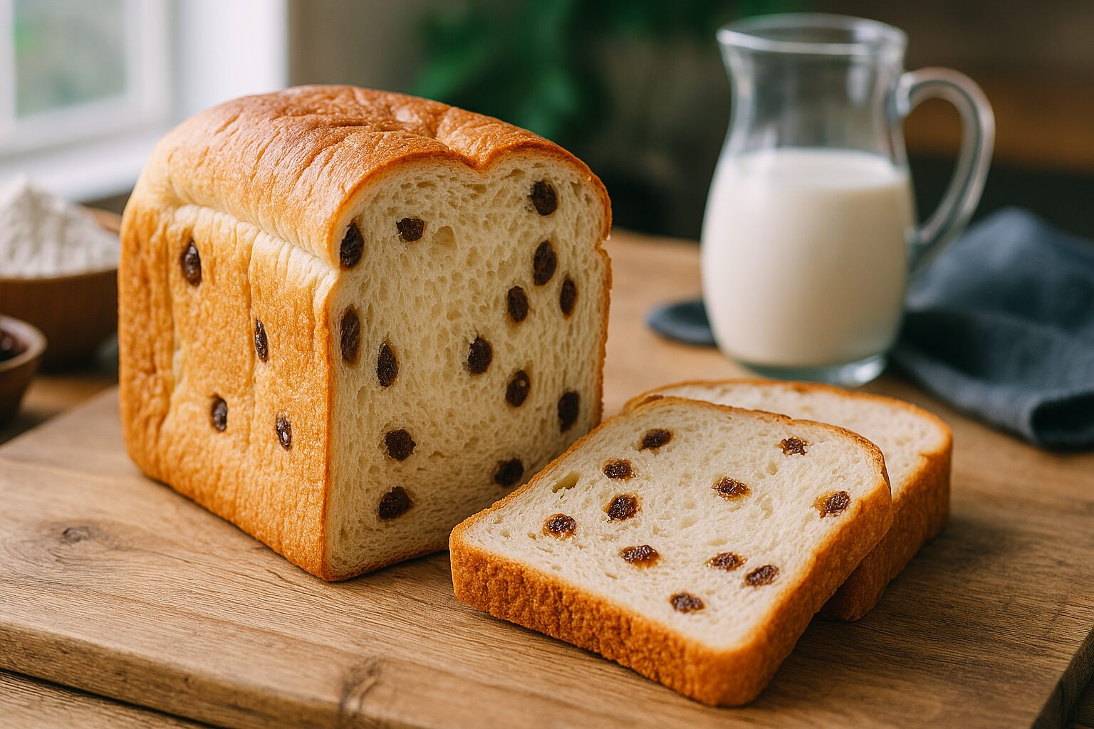 焼きたてのレーズン食パンを食卓に並べた朝の風景