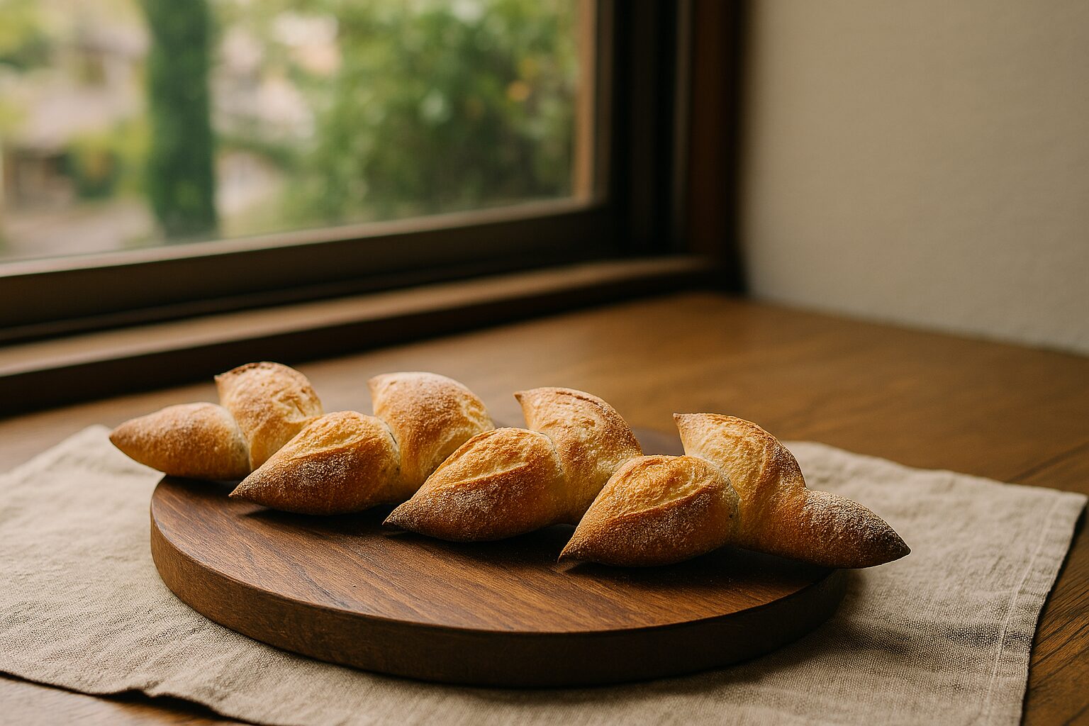 エピパンを木製テーブルに置いた自然光の風景