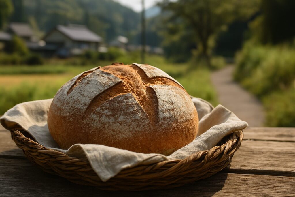 焼きたての田舎パンを木のテーブルに置いた温かみのある風景
