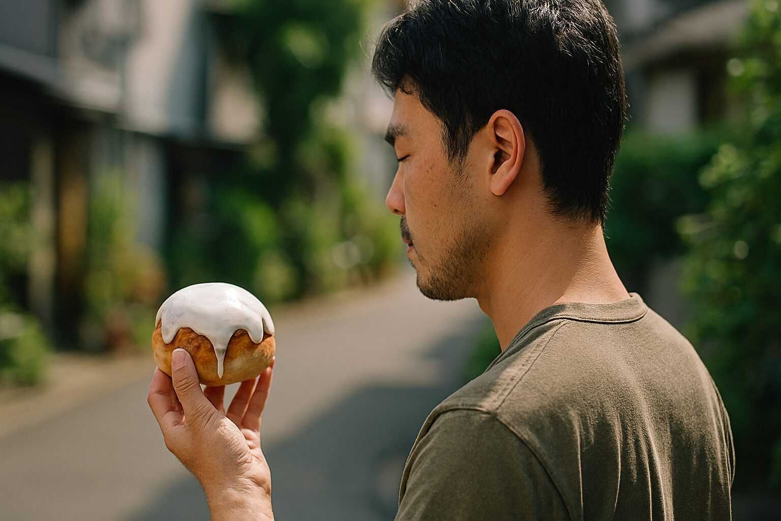 日本人男性がアイシングパンを手に持つ