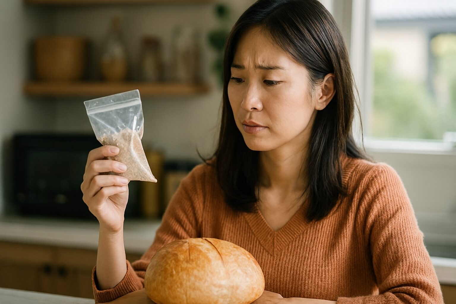 ドライイースト賞味期限切れを確認する女性