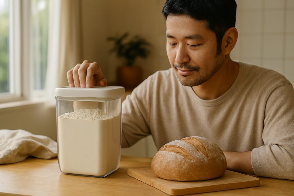 密閉容器に保存した強力粉と乾燥剤のイメージ