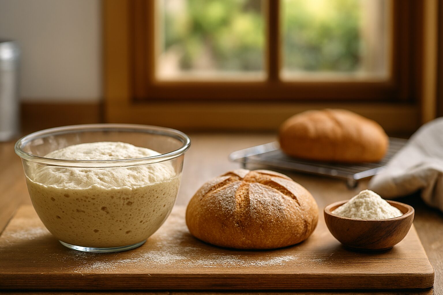 パン中種法で発酵中の中種生地と素材