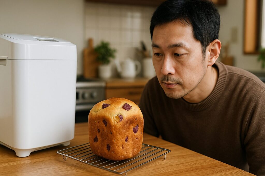 ホームベーカリーで焼いたさつまいもパンを確認する日本人男性