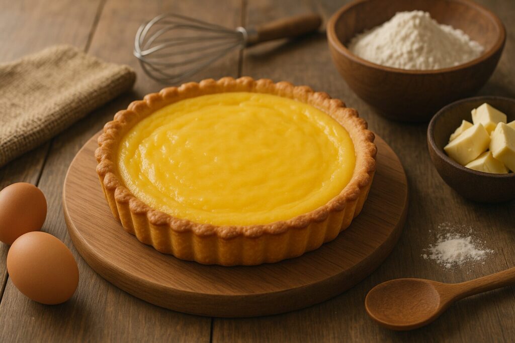 家庭キッチンでタルトカスタードを見つめる日本人男性