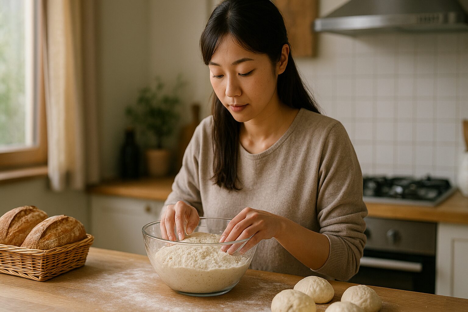 オーバーナイト法でパン生地を仕込む日本人女性