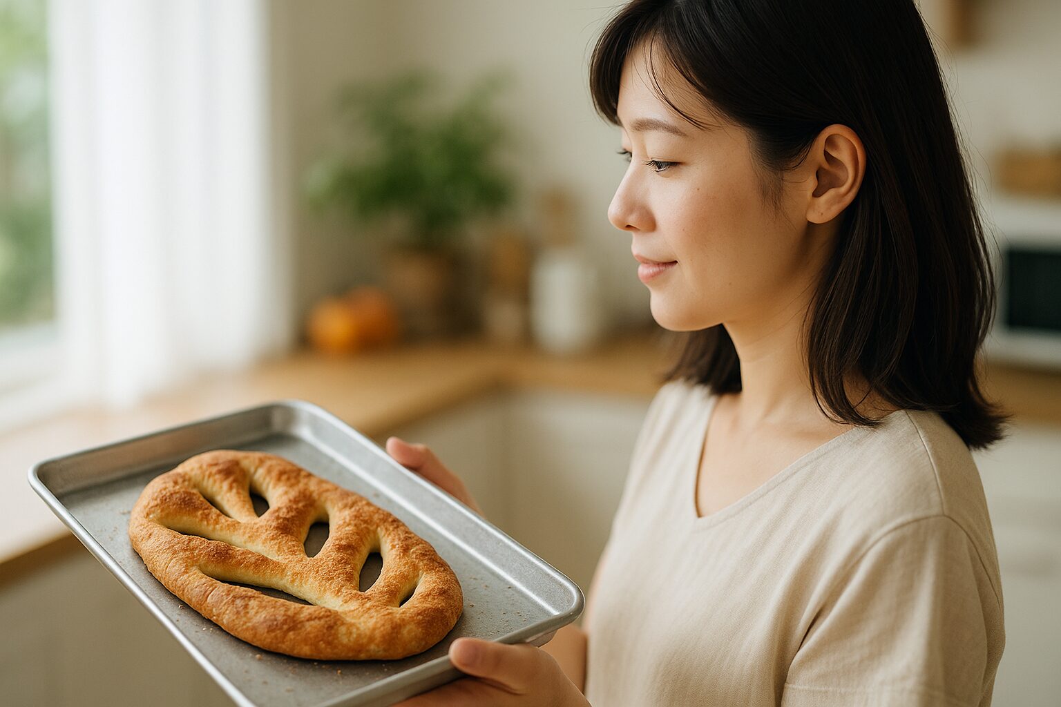 パン フーガスを持つ日本人女性の横顔