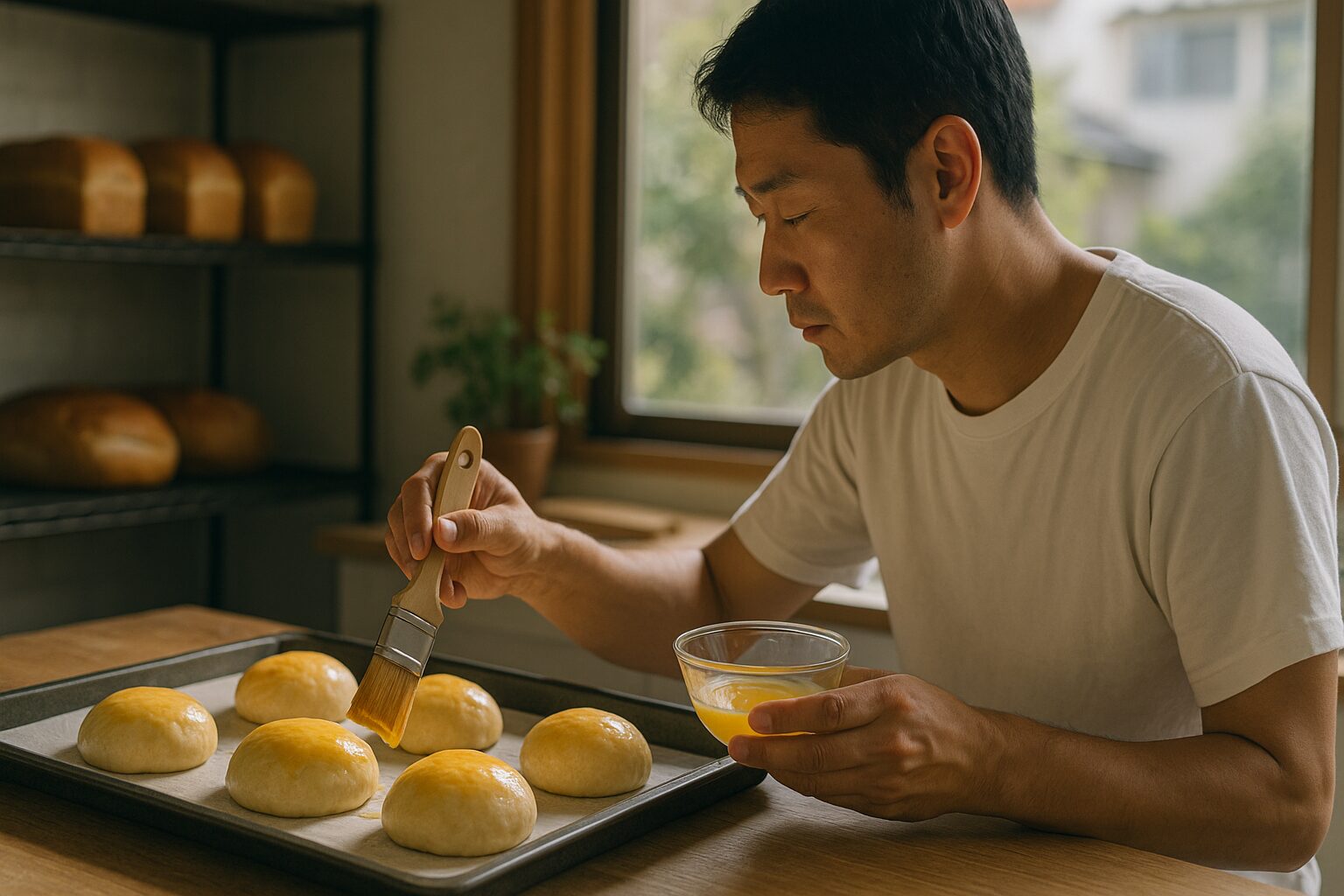 ドリュールを塗る日本人男性と丸パン