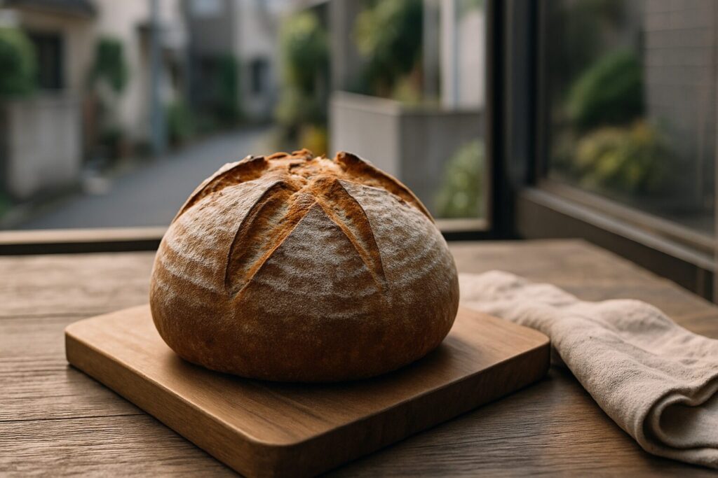 日本人女性がパン ブールを手に微笑む家庭の風景