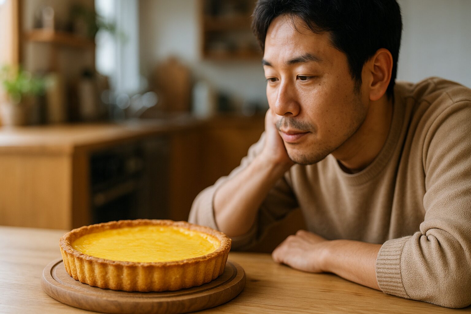 日本人男性がカスタードタルトを見つめる家庭キッチン